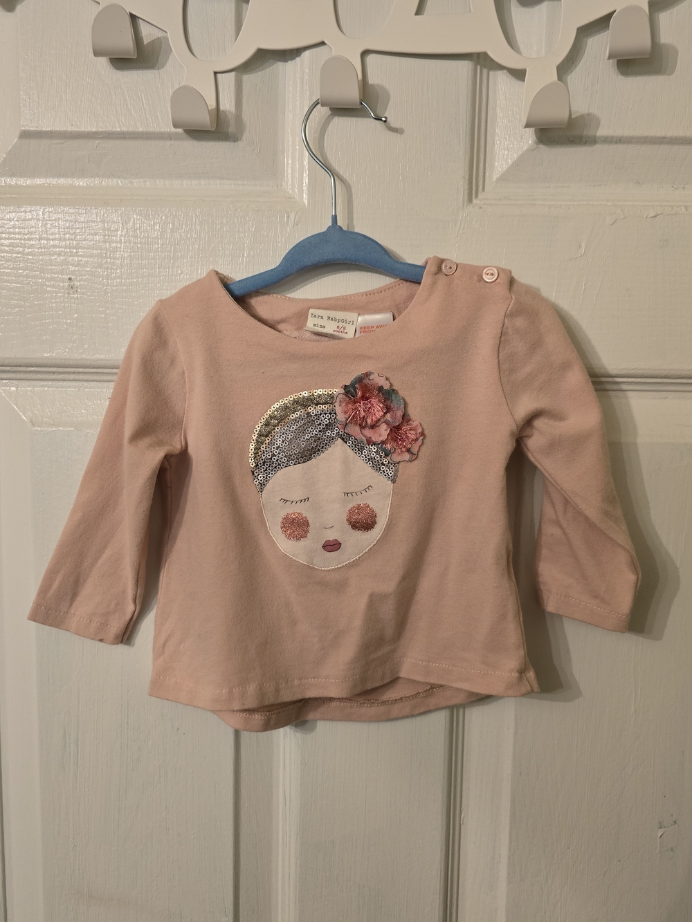 Zara Pale Pink Long Sleeve Tee with Sequin Floral Applique